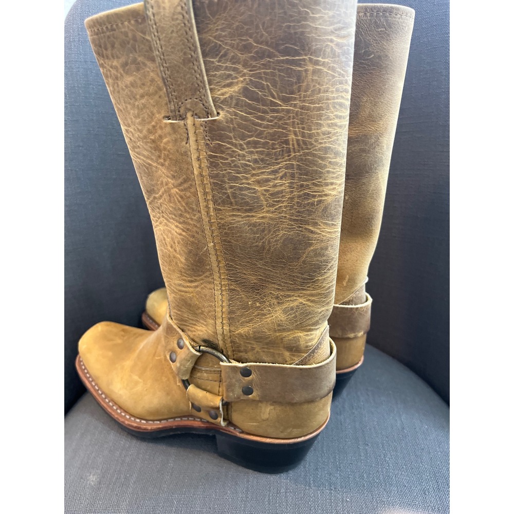 Frye Womens‎ Tan Leather Harness Motorcycle Biker Boots Square Toe Chunky Heel - Picture 4 of 6